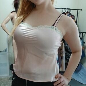Pale birthday cake pink 100% silk camisole with lace trim, size small